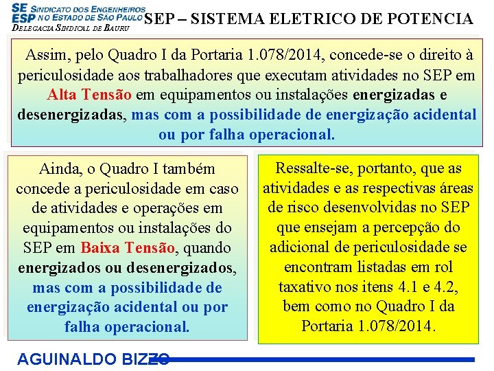 DELEGACIA SINDICAL DE BAURU SEP – SISTEMA ELETRICO DE POTENCIA Assim, pelo Quadro I