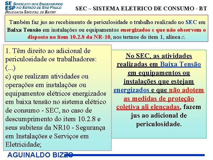 DELEGACIA SINDICAL DE BAURU SEC – SISTEMA ELETRICO DE CONSUMO - BT Também faz