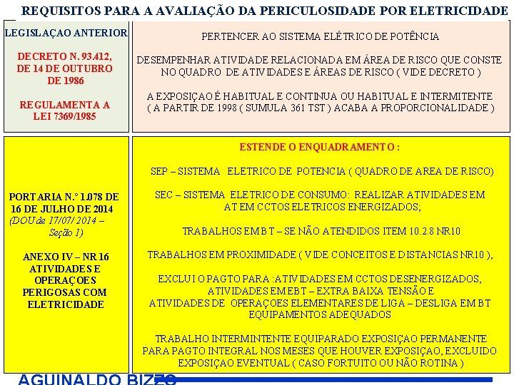 REQUISITOS PARA A AVALIAÇÃO DA PERICULOSIDADE POR ELETRICIDADE LEGISLAÇAO ANTERIOR PERTENCER AO SISTEMA ELÉTRICO