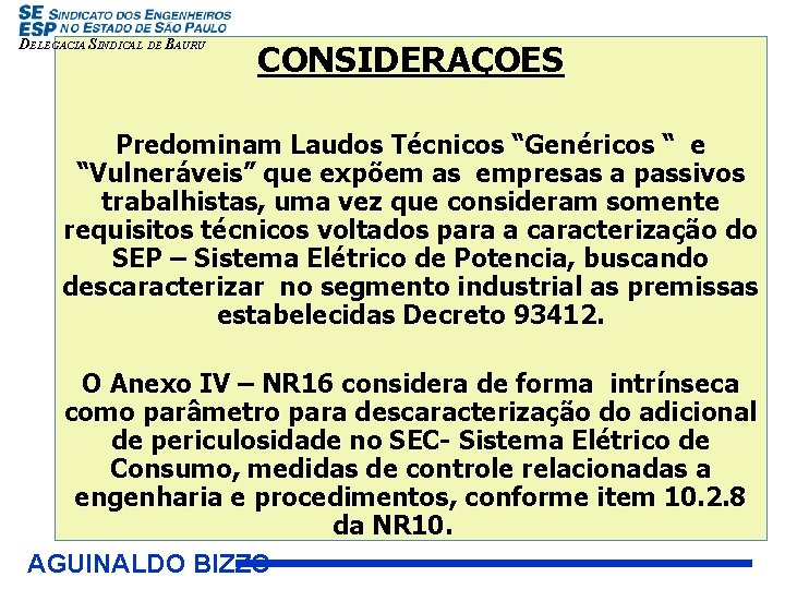 DELEGACIA SINDICAL DE BAURU CONSIDERAÇOES Predominam Laudos Técnicos “Genéricos “ e “Vulneráveis” que expõem