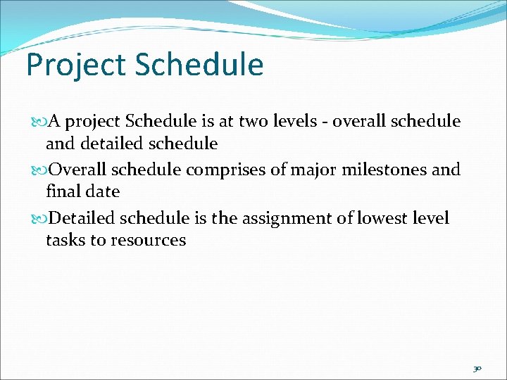 Project Schedule A project Schedule is at two levels - overall schedule and detailed