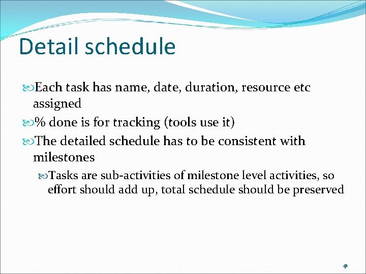 Detail schedule Each task has name, date, duration, resource etc assigned % done is