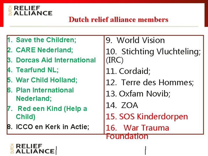 Dutch relief alliance members 1. 2. 3. 4. 5. 6. Save the Children; CARE