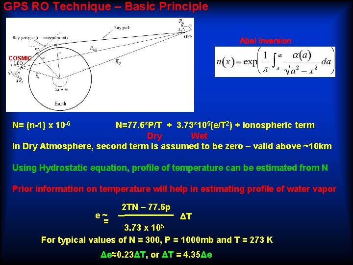 GPS RO Technique – Basic Principle Abel inversion COSMIC N= (n-1) x 10 -6