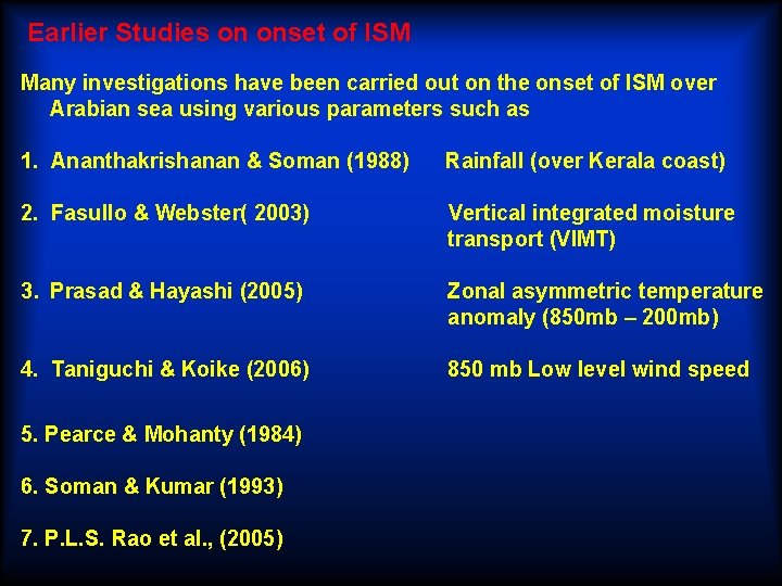 Earlier Studies on onset of ISM Many investigations have been carried out on the