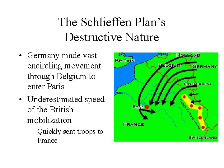 The Schlieffen Plan’s Destructive Nature • Germany made vast encircling movement through Belgium to