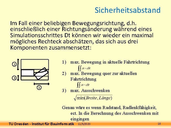 Sicherheitsabstand Im Fall einer beliebigen Bewegungsrichtung, d. h. einschließlich einer Richtungsänderung während eines Simulationsschrittes Sicherheitsabstand Im Fall einer beliebigen Bewegungsrichtung, d. h. einschließlich einer Richtungsänderung während eines Simulationsschrittes