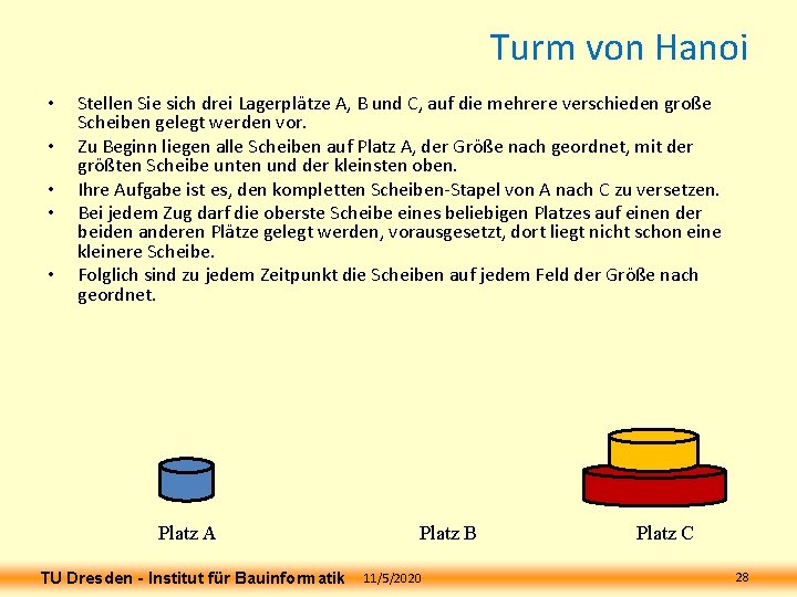 Turm von Hanoi • • • Stellen Sie sich drei Lagerplätze A, B und Turm von Hanoi • • • Stellen Sie sich drei Lagerplätze A, B und