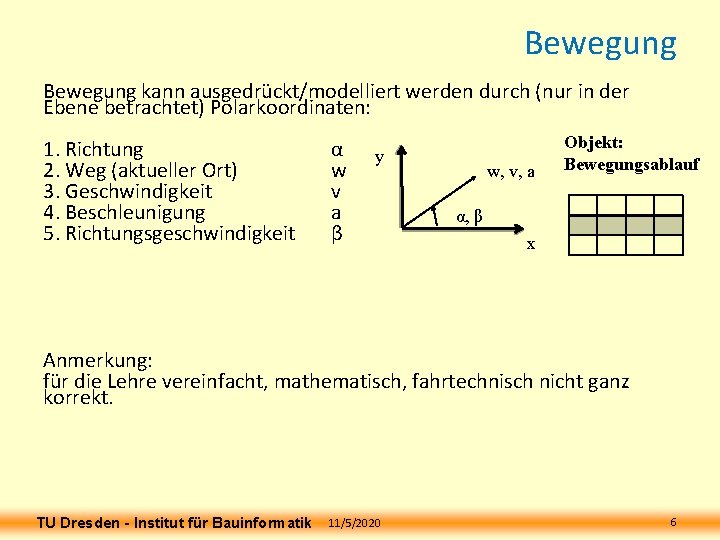 Bewegung kann ausgedrückt/modelliert werden durch (nur in der Ebene betrachtet) Polarkoordinaten: 1. Richtung 2. Bewegung kann ausgedrückt/modelliert werden durch (nur in der Ebene betrachtet) Polarkoordinaten: 1. Richtung 2.