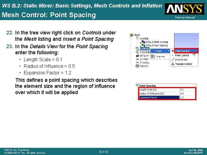 WS B. 2: Static Mixer: Basic Settings, Mesh Controls and Inflation Mesh Control: Point