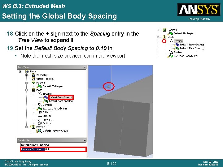 WS B. 3: Extruded Mesh Setting the Global Body Spacing Training Manual 18. Click