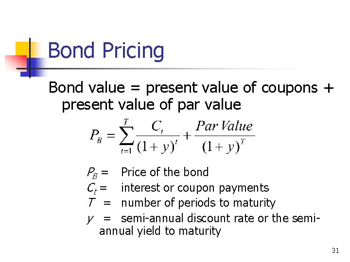 Bond Pricing Bond value = present value of coupons + present value of par