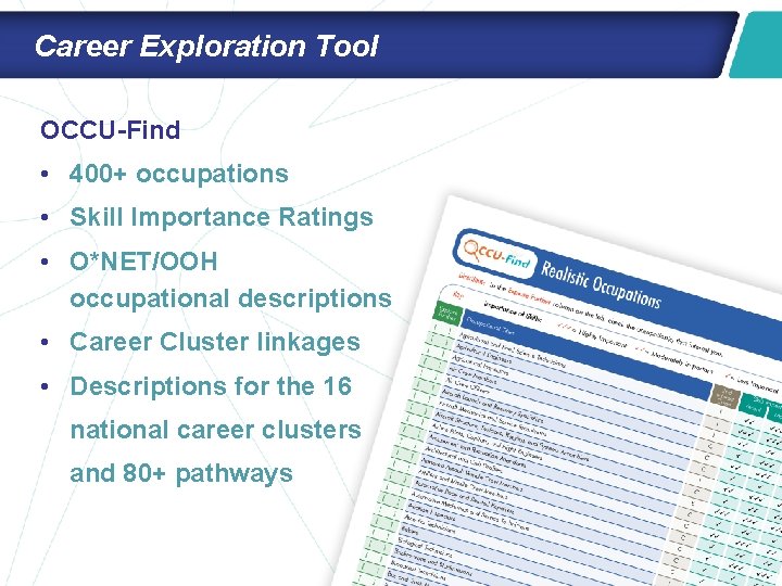 Career Exploration Tool OCCU-Find • 400+ occupations • Skill Importance Ratings • O*NET/OOH occupational