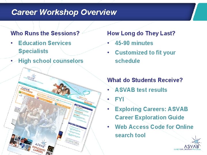 Career Workshop Overview Who Runs the Sessions? How Long do They Last? • Education