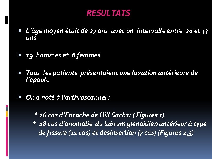 RESULTATS L’âge moyen était de 27 ans avec un intervalle entre 20 et 33