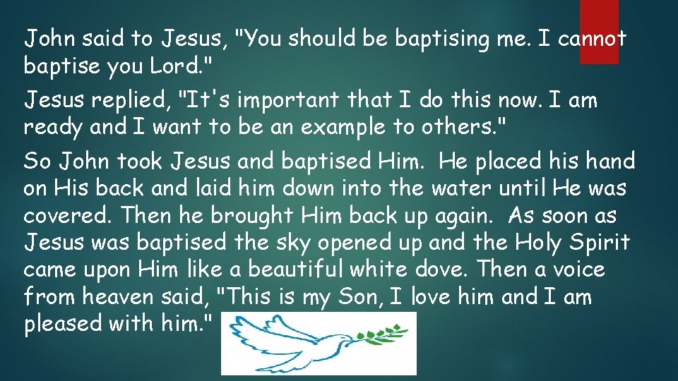 John said to Jesus, "You should be baptising me. I cannot baptise you Lord.