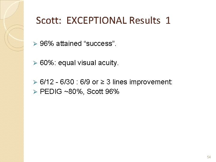 Scott: EXCEPTIONAL Results 1 Ø 96% attained “success”. Ø 60%: equal visual acuity. 6/12