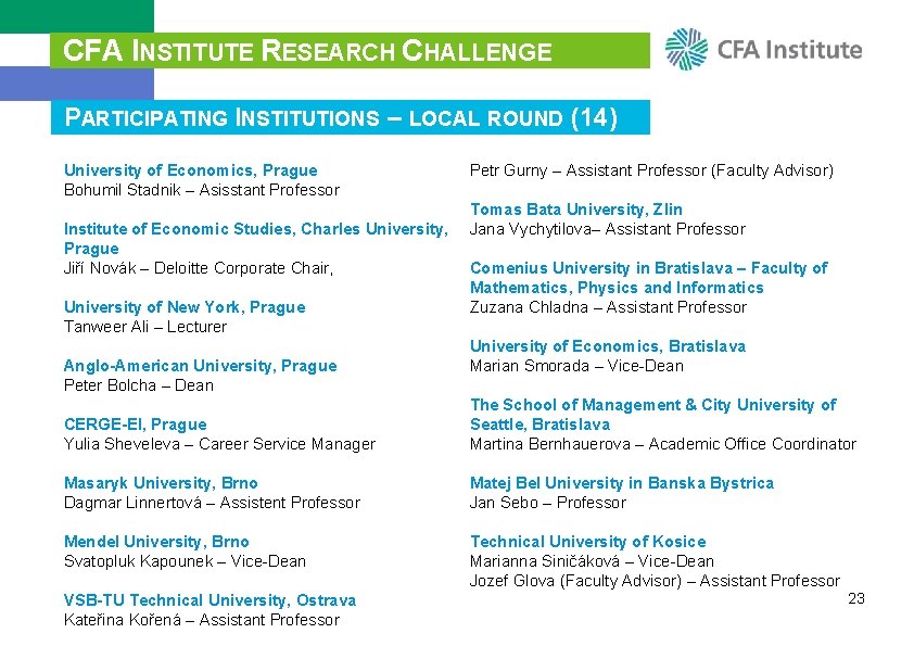 CFA INSTITUTE RESEARCH CHALLENGE PARTICIPATING INSTITUTIONS – LOCAL ROUND (14) University of Economics, Prague
