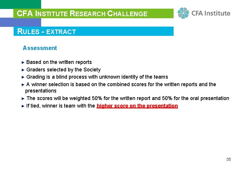 CFA INSTITUTE RESEARCH CHALLENGE RULES - EXTRACT Assessment ► Based on the written reports