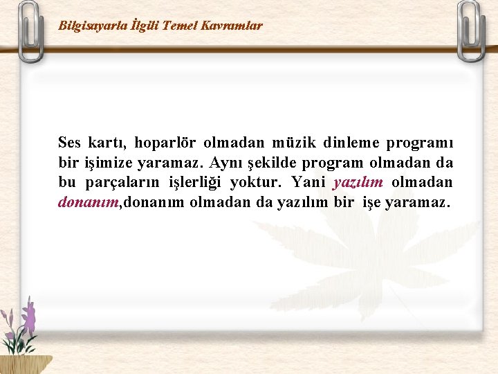 Bilgisayarla İlgili Temel Kavramlar Ses kartı, hoparlör olmadan müzik dinleme programı bir işimize yaramaz.