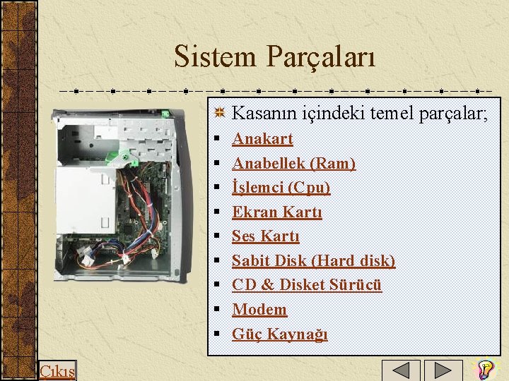  Sistem Parçaları Kasanın içindeki temel parçalar; § § § § § Çıkış Anakart