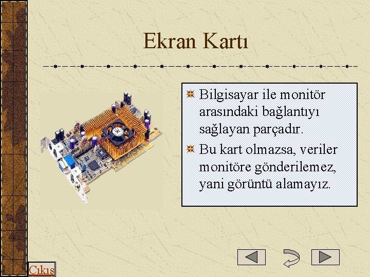  Ekran Kartı Bilgisayar ile monitör arasındaki bağlantıyı sağlayan parçadır. Bu kart olmazsa, veriler