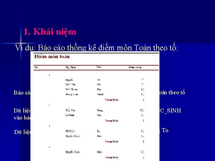 1. Khái niệm Ví dụ: Báo cáo thống kê điểm môn Toán theo tổ: