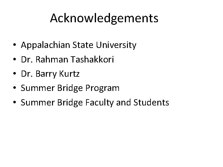 Acknowledgements • • • Appalachian State University Dr. Rahman Tashakkori Dr. Barry Kurtz Summer