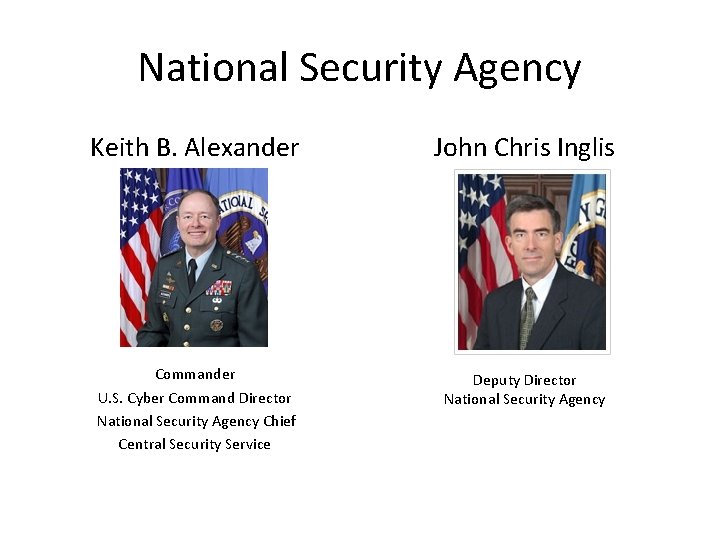 National Security Agency Keith B. Alexander John Chris Inglis Commander U. S. Cyber Command