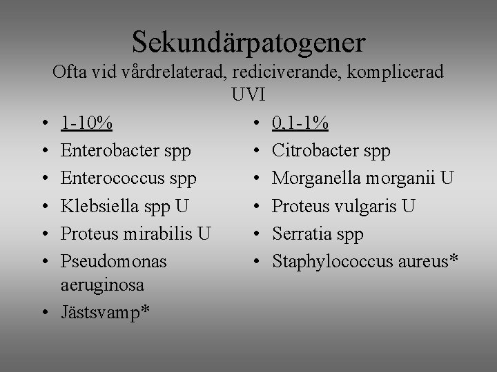 Sekundärpatogener Ofta vid vårdrelaterad, rediciverande, komplicerad UVI • 1 -10% • 0, 1 -1%