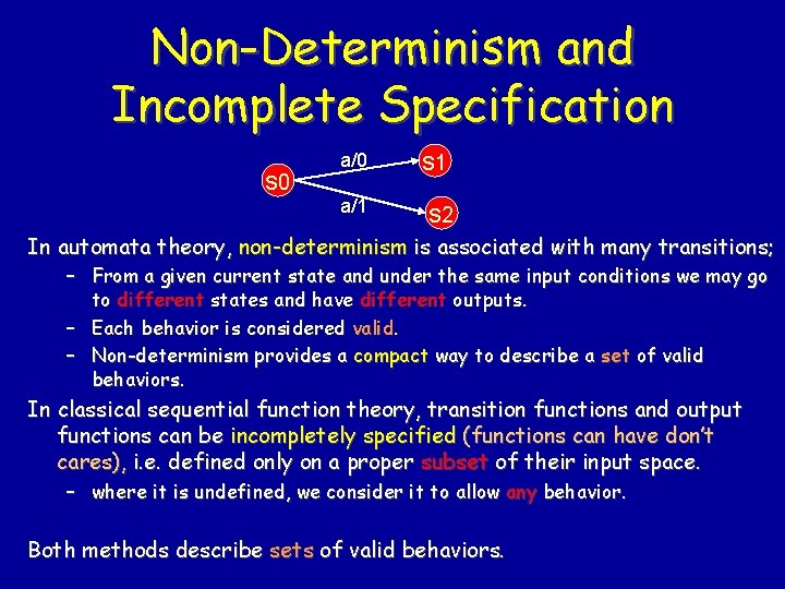 Non-Determinism and Incomplete Specification s 0 a/1 s 2 In automata theory, non-determinism is