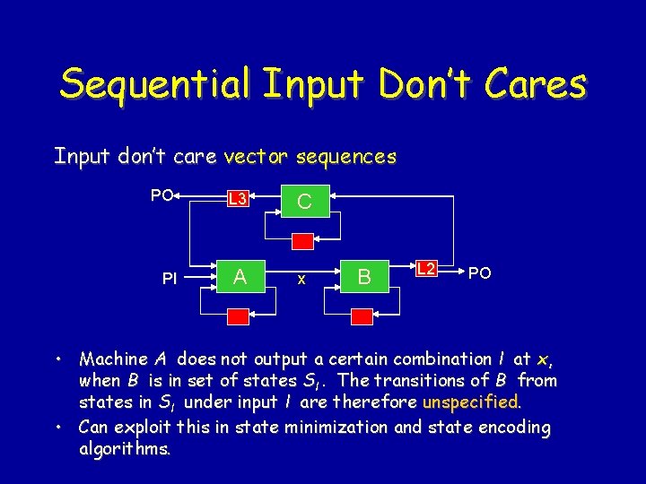 Sequential Input Don’t Cares Input don’t care vector sequences PO L 3 C PI