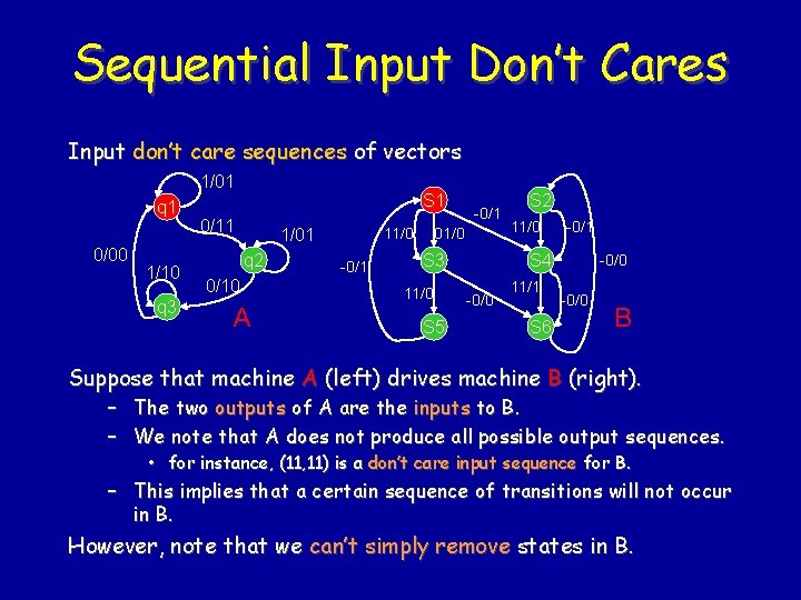 Sequential Input Don’t Cares Input don’t care sequences of vectors 1/01 q 1 0/00
