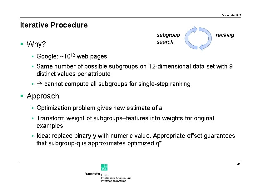 Fraunhofer IAIS Iterative Procedure § Why? subgroup search ranking • Google: ~1012 web pages