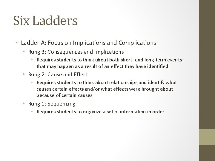 Six Ladders • Ladder A: Focus on Implications and Complications • Rung 3: Consequences