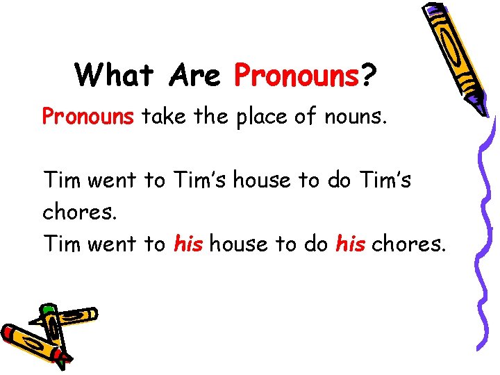 What Are Pronouns? Pronouns take the place of nouns. Tim went to Tim’s house