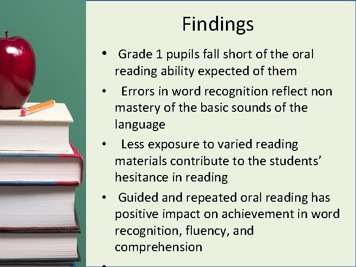 Findings • Grade 1 pupils fall short of the oral reading ability expected of