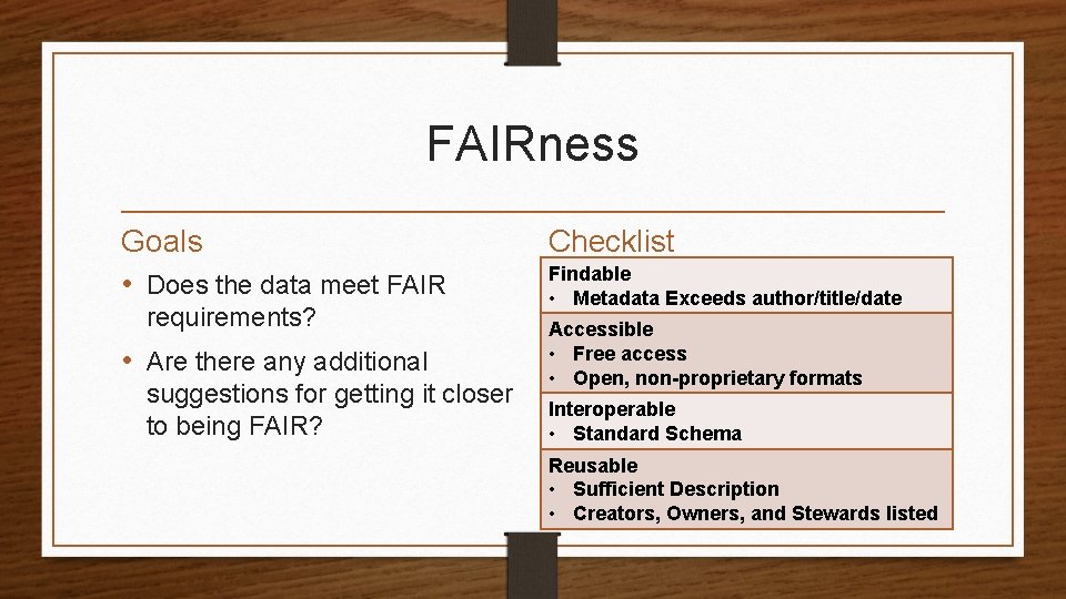 FAIRness Goals • Does the data meet FAIR requirements? • Are there any additional