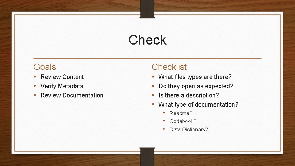 Check Goals Checklist • Review Content • Verify Metadata • Review Documentation • •