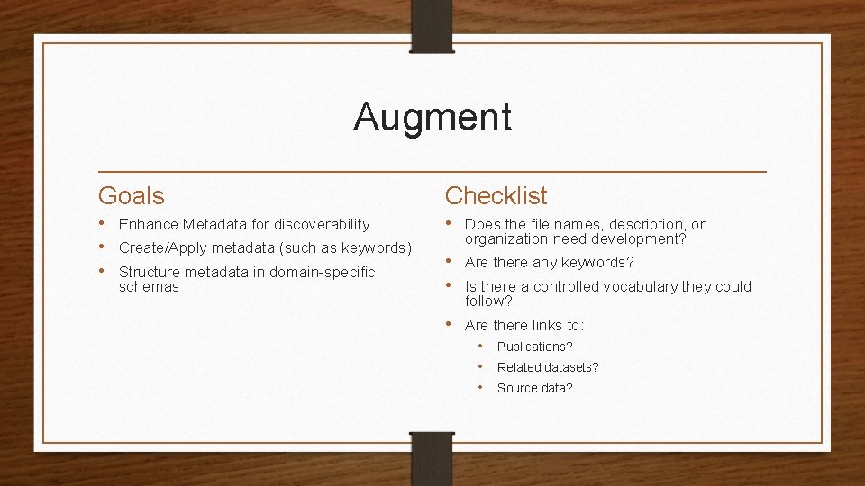 Augment Goals Checklist • Enhance Metadata for discoverability • Create/Apply metadata (such as keywords)