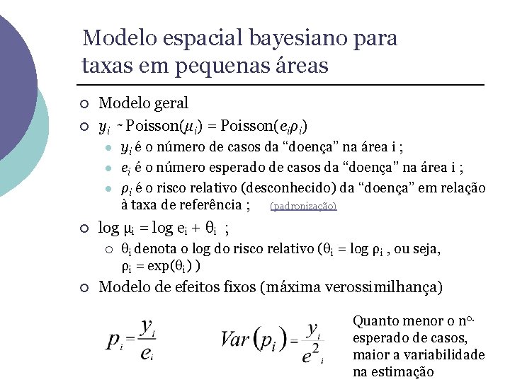 Modelo espacial bayesiano para taxas em pequenas áreas ¡ ¡ Modelo geral yi ∼