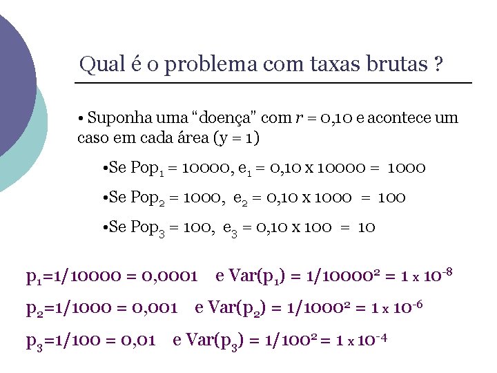 Qual é o problema com taxas brutas ? • Suponha uma “doença” com r