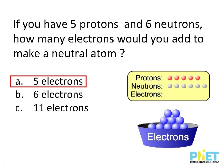 If you have 5 protons and 6 neutrons, how many electrons would you add