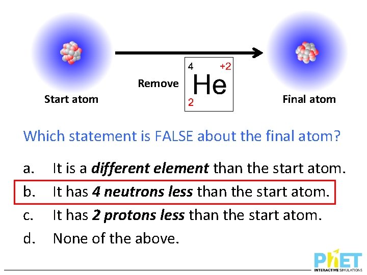 Remove Start atom Final atom Which statement is FALSE about the final atom? a.
