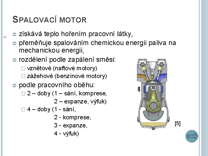 SPALOVACÍ MOTOR získává teplo hořením pracovní látky, přeměňuje spalováním chemickou energii paliva na mechanickou