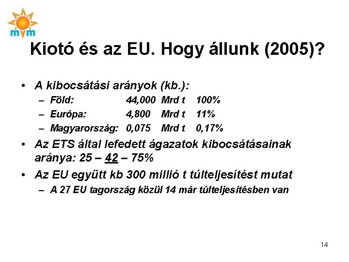 Kiotó és az EU. Hogy állunk (2005)? • A kibocsátási arányok (kb. ): –