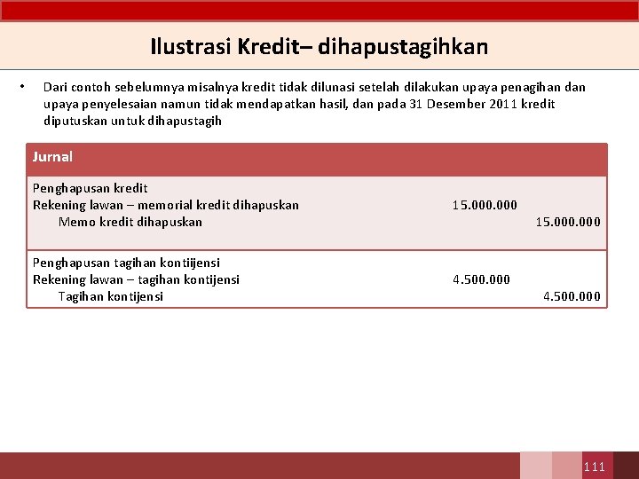 Ilustrasi Kredit– dihapustagihkan • Dari contoh sebelumnya misalnya kredit tidak dilunasi setelah dilakukan upaya