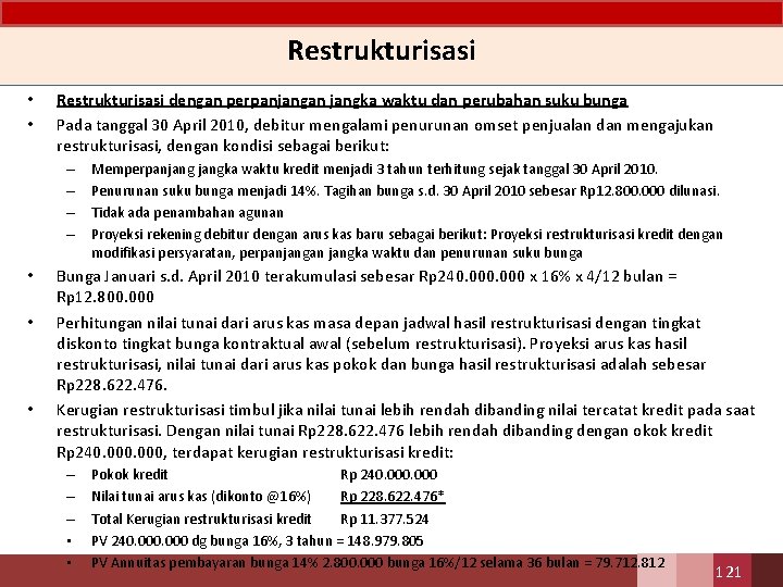 Restrukturisasi • • Restrukturisasi dengan perpanjangan jangka waktu dan perubahan suku bunga Pada tanggal