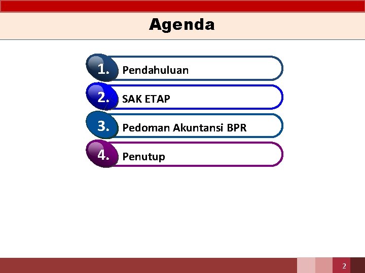 Agenda 1. Pendahuluan 2. SAK ETAP 3. Pedoman Akuntansi BPR 4. Penutup 2 