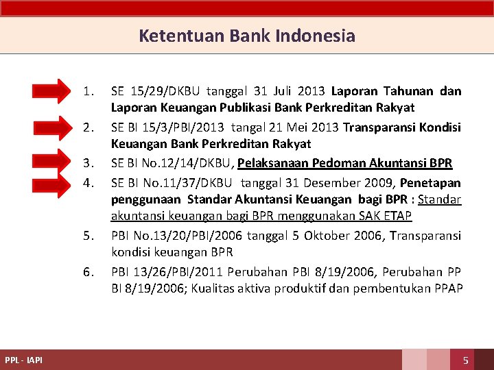 Ketentuan Bank Indonesia 1. 2. 3. 4. 5. 6. PPL - IAPI SE 15/29/DKBU